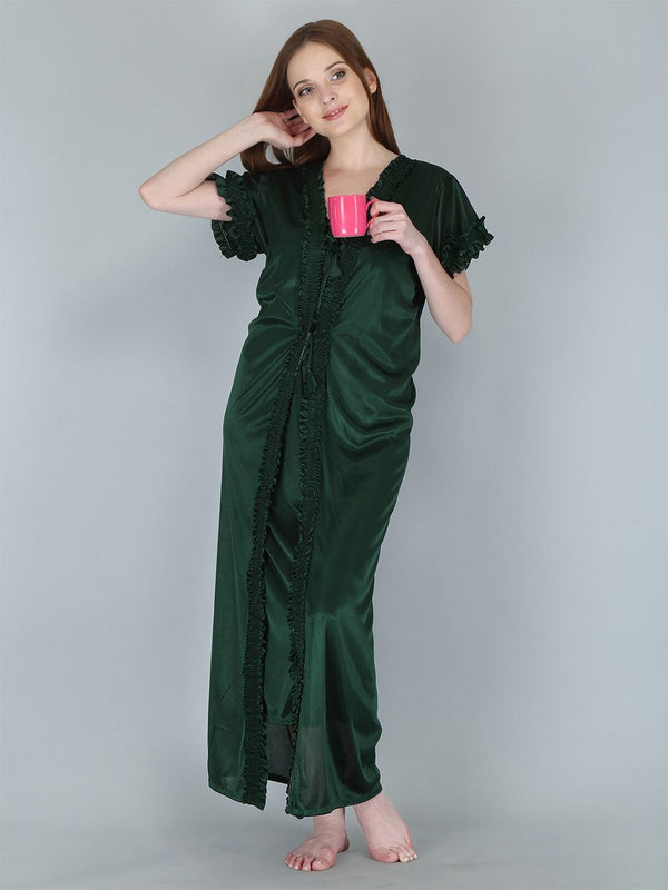 Be You Women Green Solid Satin Maxi Nightdress With Robe