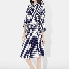 Be You Blue Striped Cotton Drawstring Knee Length Bath Robe-2XL