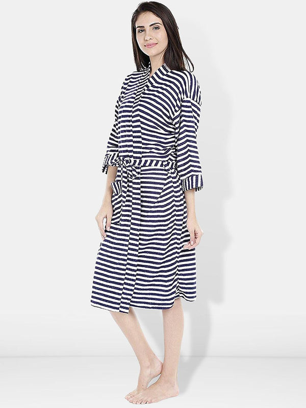 Be You Blue Striped Cotton Drawstring Knee Length Bath Robe-2XL