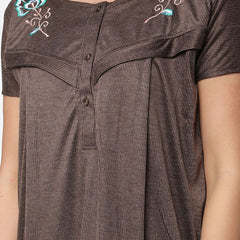 Be You Women Coffee Brown Embroidered Maxi Maternity Nightdress