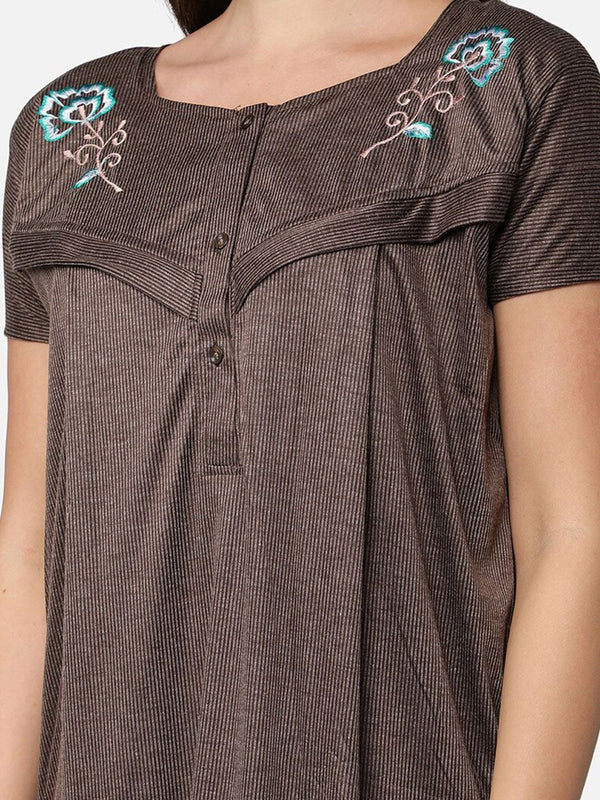 Be You Women Coffee Brown Embroidered Maxi Maternity Nightdress