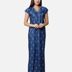 Be You Women Blue Printed Maxi Maternity Nightdress