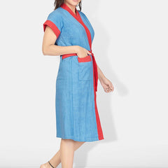 Be You Two-Tone Blue Solid Cotton Drawstring Knee Length Bath Robe-L/XL