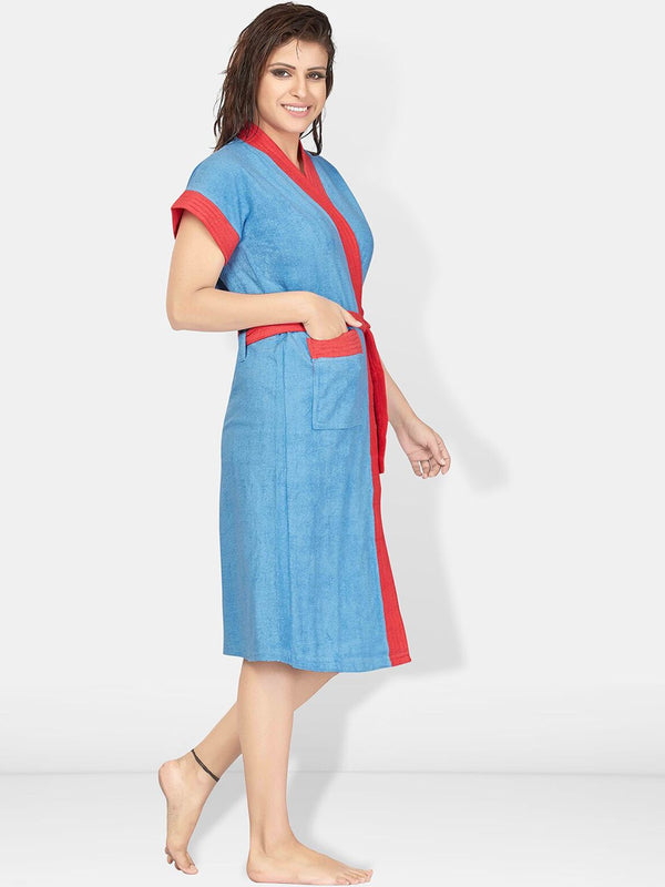 Be You Two-Tone Blue Solid Cotton Drawstring Knee Length Bath Robe-L/XL