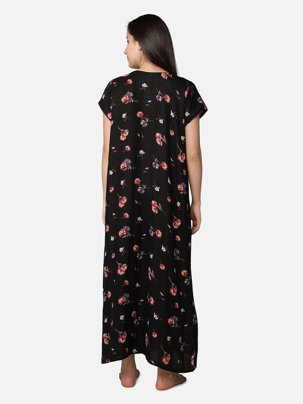 Be You Black Floral Printed Maxi Nightdress