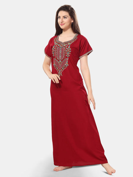 Be You Ethnic Motifs Embroidered Maxi Nightdress