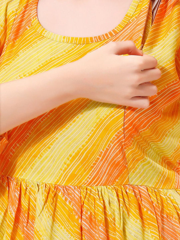 Be You Women Leheriya Printed Bell Sleeves Maternity Kurta