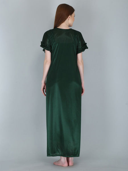 Be You Women Green Solid Satin Maxi Nightdress With Robe
