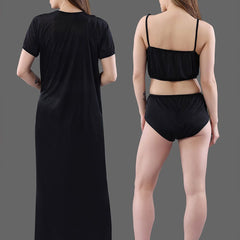 Be You  Women Black Solid Satin 3 Piece Nightwear Set