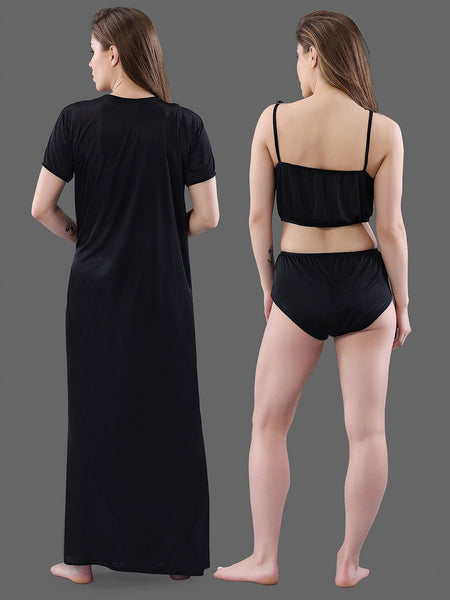 Be You  Women Black Solid Satin 3 Piece Nightwear Set