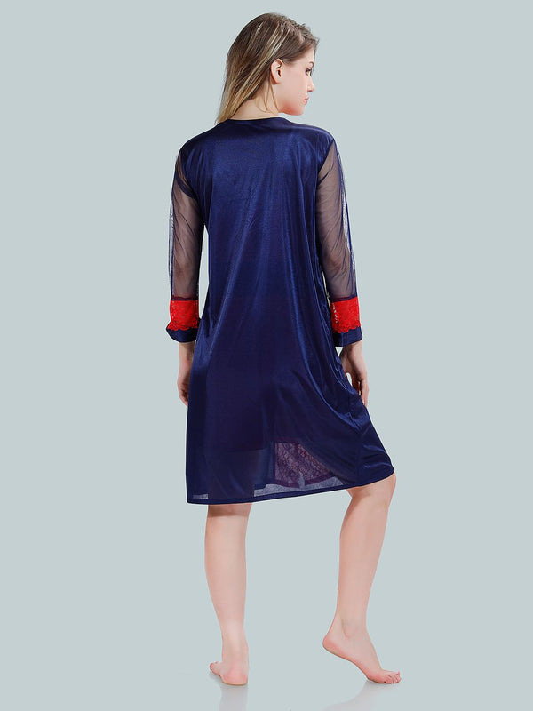Be You Solid Lace Details Satin Nighty with Robe