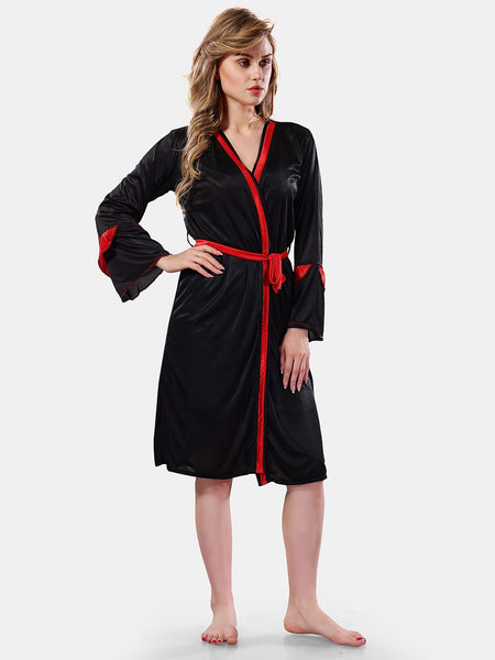 Be You Solid Lace Details Satin Nighty with Robe