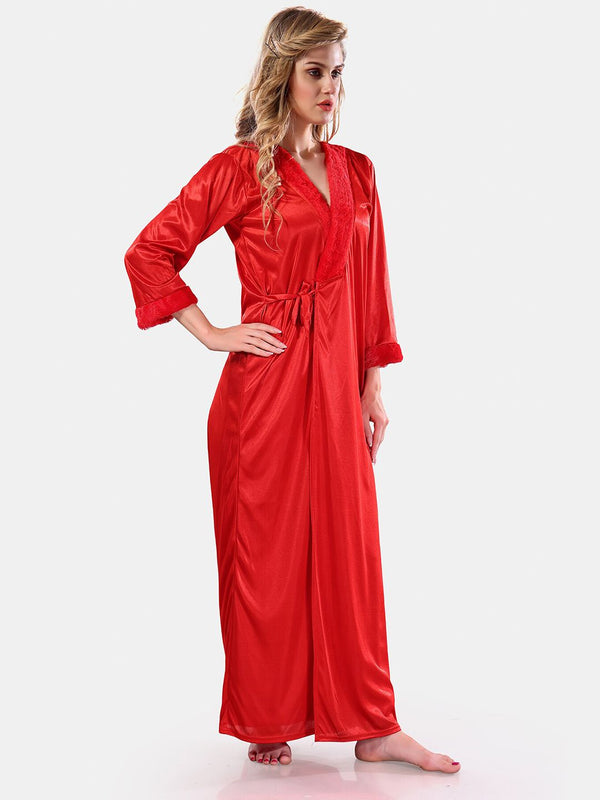 Be You V Neck Lace Up Details Satin Maxi Nightdress With Robe