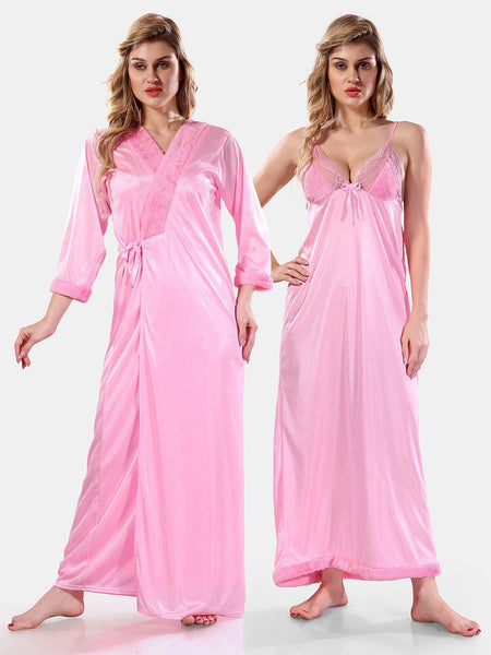 Be You V Neck Lace Up Details Satin Nightdress With Robe