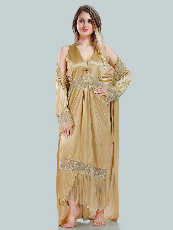 Be You V Neck Lace Up Details Satin Nightdress With Robe