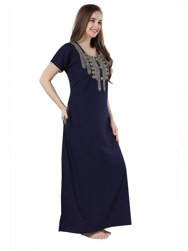 Be You Navy Blue Embroidered Maxi Nightdress