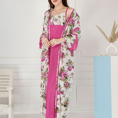Be You Floral Printed Shoulder Straps Satin Maxi Nightdress With Robe