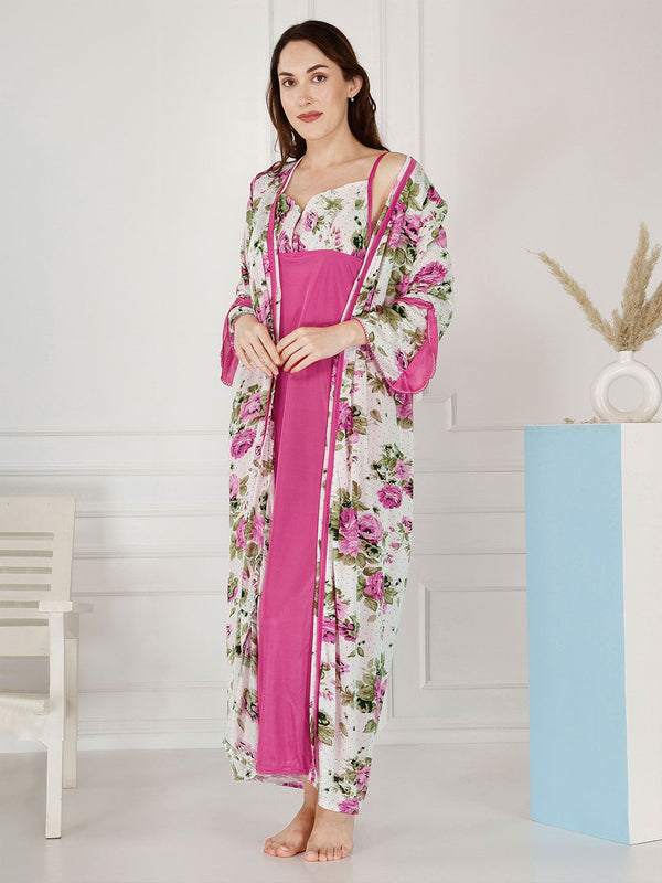 Be You Floral Printed Shoulder Straps Satin Maxi Nightdress With Robe