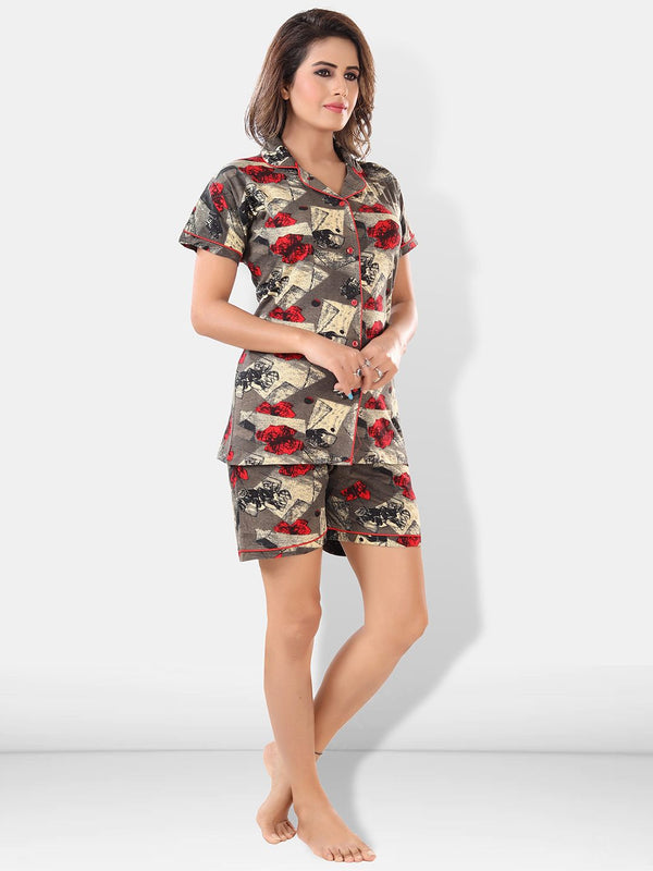 Be You Women Brown & Red Printed Lapel Collar Night Suits