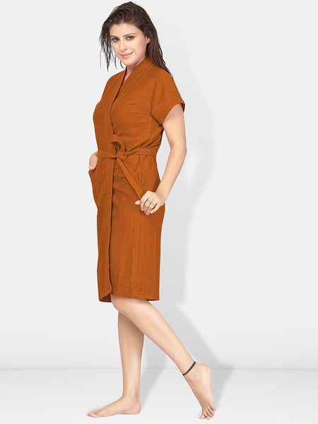 Be You Brown Solid Cotton Drawstring Knee Length Bath Robe