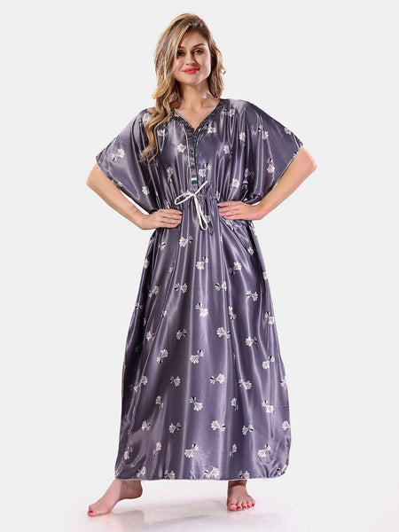 Be You Floral Printed Satin V-Neck Kaftan Nightdress
