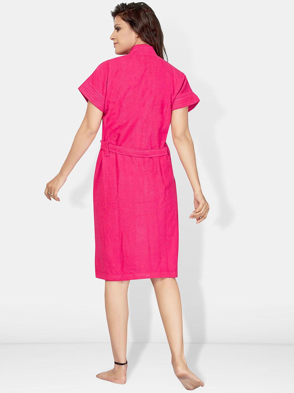 Be You Pink Solid Cotton Drawstring Knee Length Bath Robe