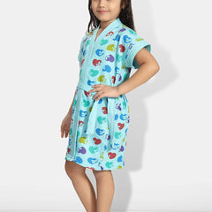 Be You Hearts Blue Conversational Cotton Drawstring Knee Length Bath Robe