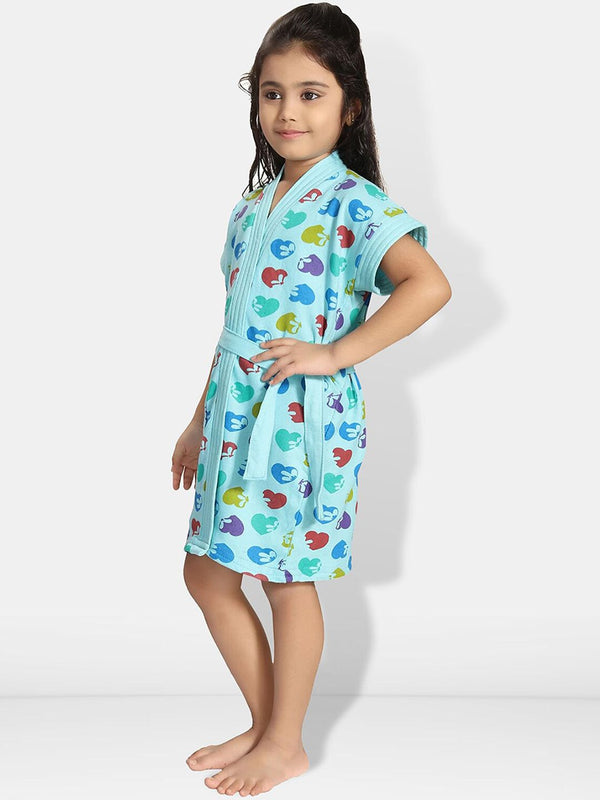 Be You Hearts Blue Conversational Cotton Drawstring Knee Length Bath Robe