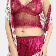 Be You Self Design Shoulder Strap Satin Nightdress & Robe