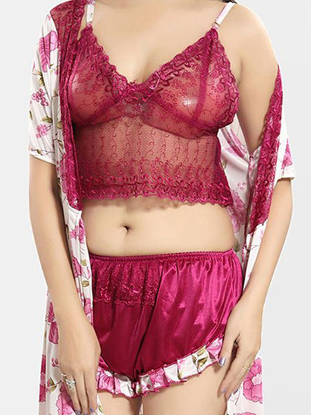 Be You Self Design Shoulder Strap Satin Nightdress & Robe