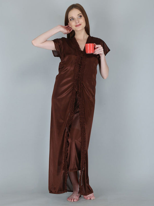 Be You Women Brown Maxi Nightdress  With Robe Pack of 2