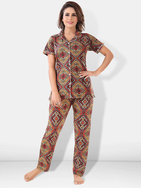 Be You Women Brown & Red Printed Pajama & Shorts with Shirt Night Suits