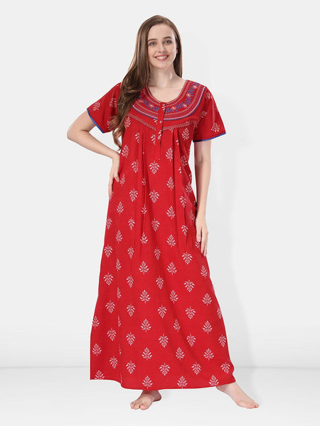Be You Ethnic Printed Embroidered Maxi Nightdress