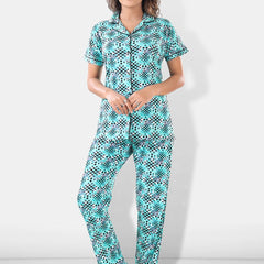 Be You Women Turquoise Blue & Black Printed Pajama & Shorts with Shirt Night Suits