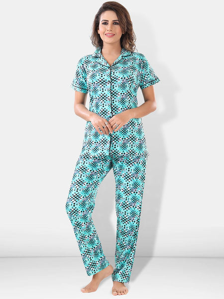 Be You Women Turquoise Blue & Black Printed Pajama & Shorts with Shirt Night Suits