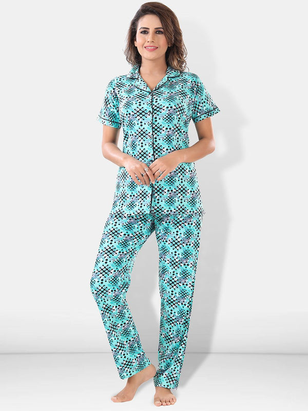 Be You Women Turquoise Blue & Black Printed Pajama & Shorts with Shirt Night Suits