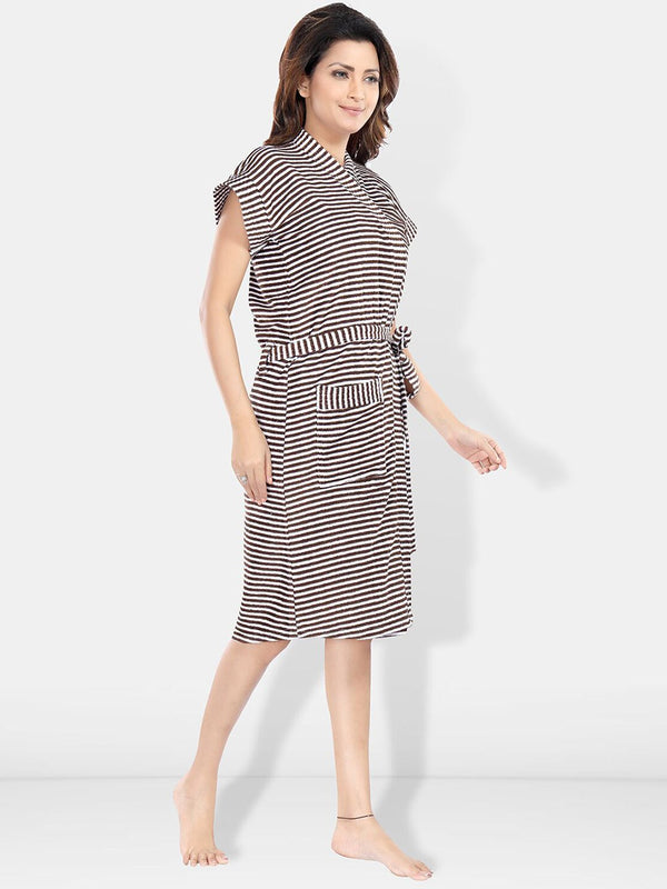 Be You Brown Striped Cotton Drawstring Knee Length Bath Robe-2XL