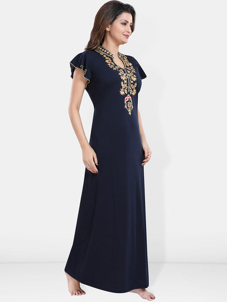 Be You Floral Embroidered Mandarin Collar Maxi Nightdress