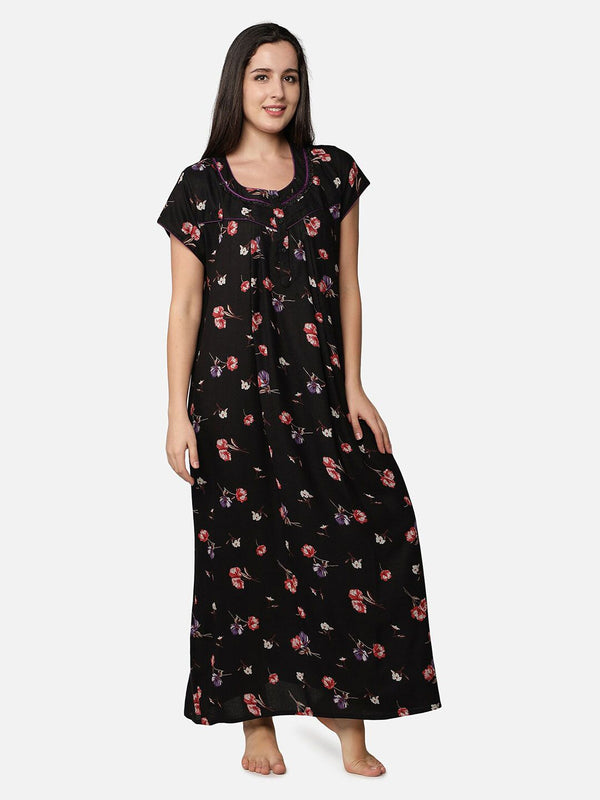Be You Black Floral Printed Maxi Nightdress