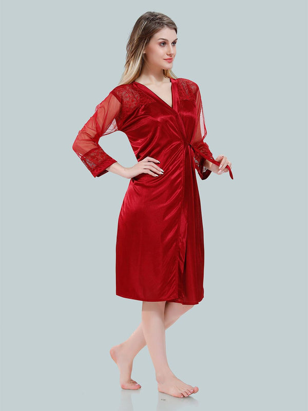 Be You Solid Lace Details Satin Nighty with Robe