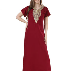 Be You Maroon Embroidered Maxi Nightdress