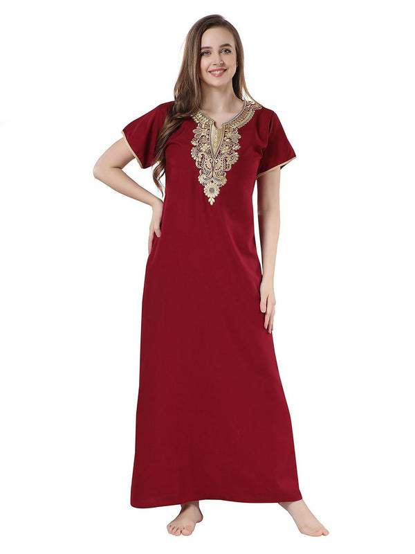 Be You Maroon Embroidered Maxi Nightdress