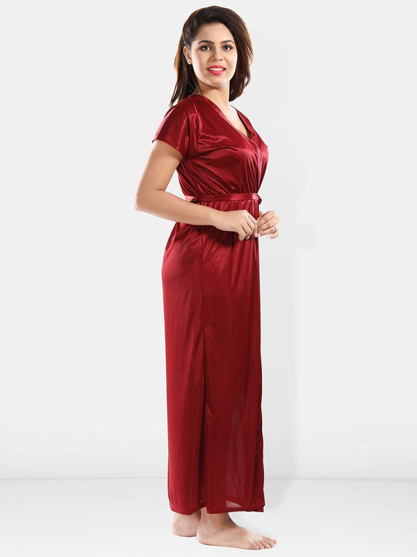 Be You Shoulder Straps Laced Nightdress With Satin Robe And Briefs