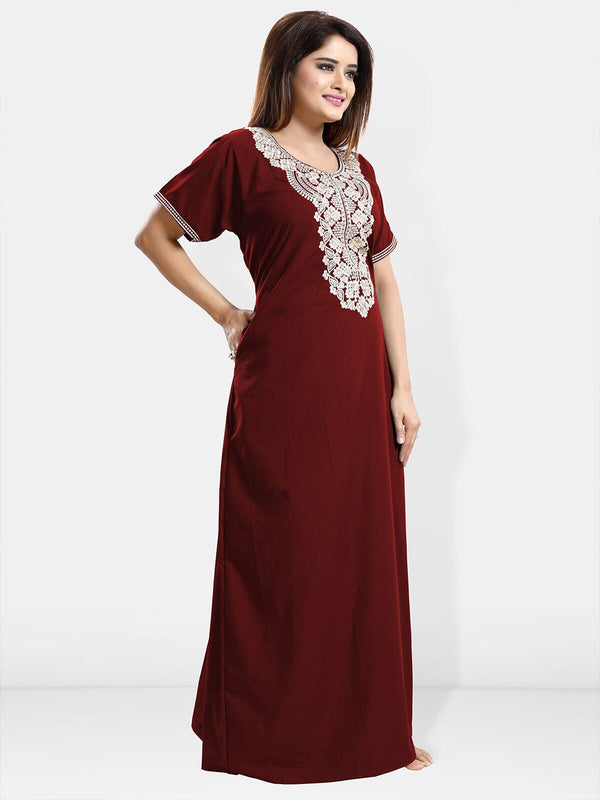 Be You Ethnic Motifs Embroidered Maxi Nightdress