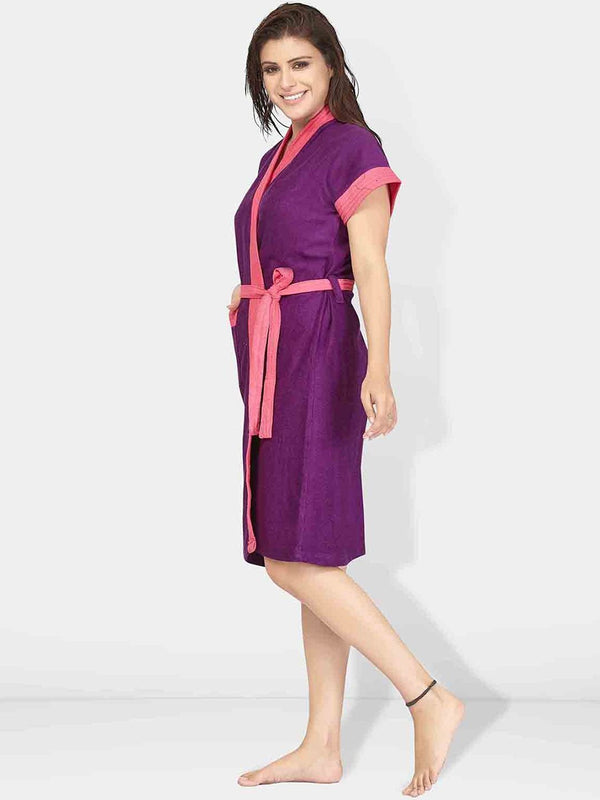 Be You Violet Solid Cotton Drawstring Knee Length Bath Robe