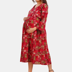Be You Abstract Printed Bell Sleeves Maternity Fit and Flare Dress