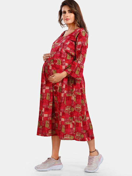 Be You Abstract Printed Bell Sleeves Maternity Fit and Flare Dress