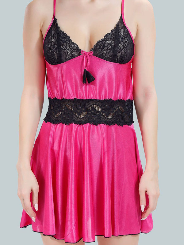 Be You Solid Lace Details Satin Nighty with Robe