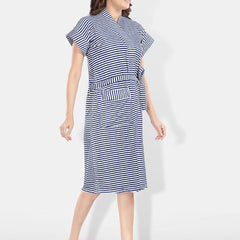 Be You Navy Blue Striped Cotton Drawstring Knee Length Bath Robe-2XL