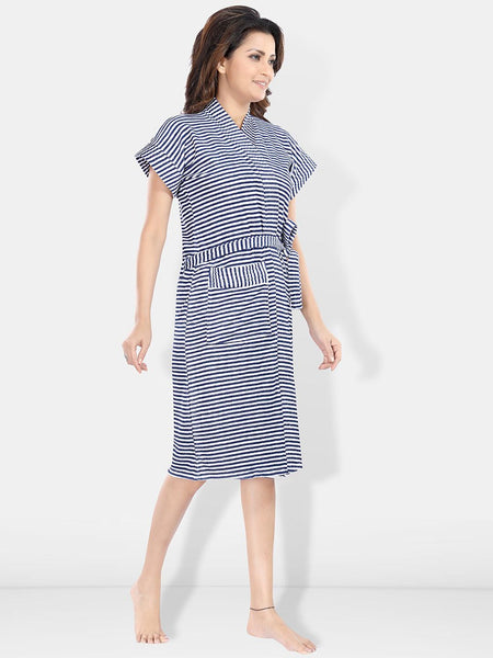 Be You Navy Blue Striped Cotton Drawstring Knee Length Bath Robe-2XL